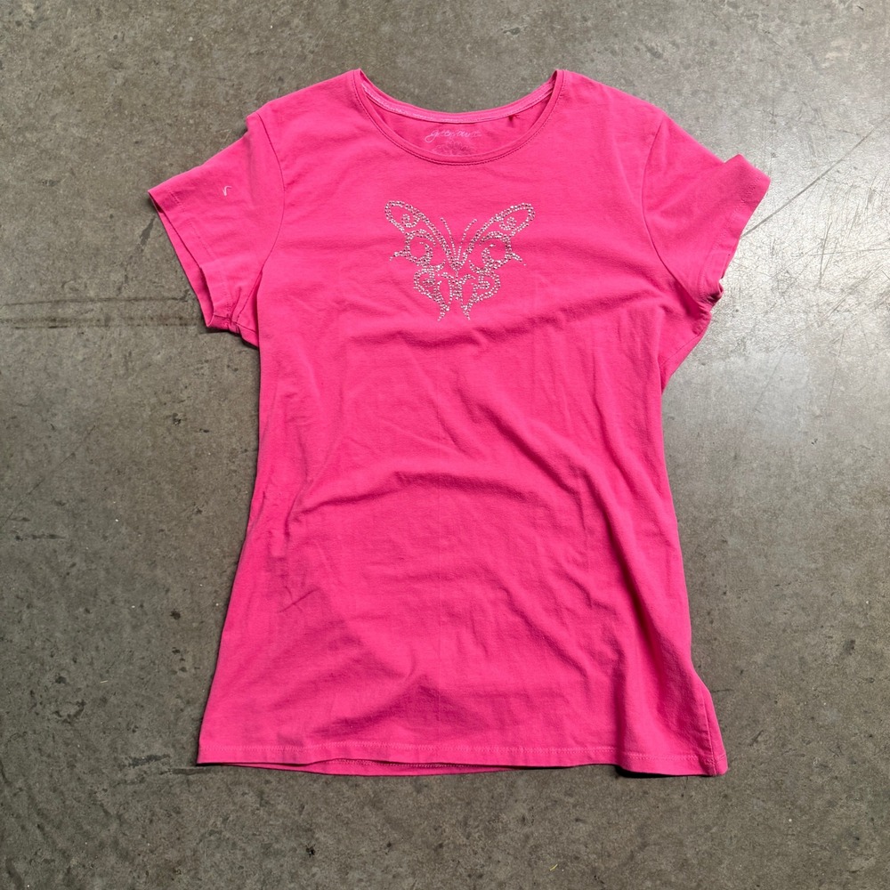 Greensource Pink Rhinestone Butterfly Graphic T-Shirt Organic Cotton XL‎